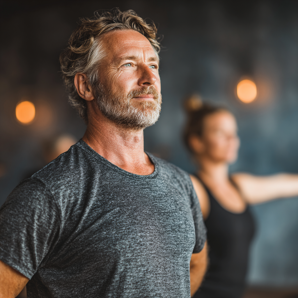 Mature man around 45 years old in a beginner yoga class, performing a simple standing pose with guidance from instructor, wearing casual sports clothing, friendly and welcoming atmosphere in a bright studio