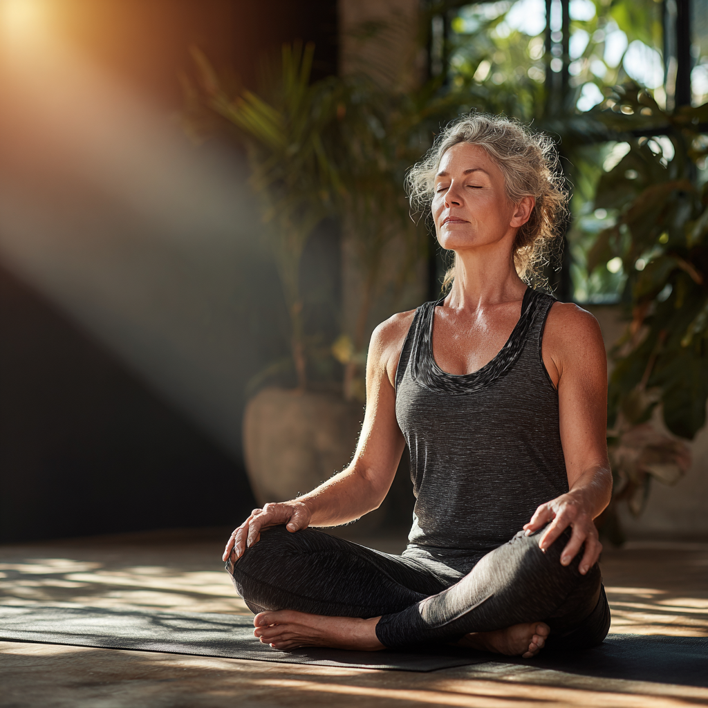 Middle-aged woman in her early 50s practicing yoga in a peaceful studio with natural lighting, sitting in lotus position on a mat, wearing comfortable athletic wear, serene expression showing inner peace
