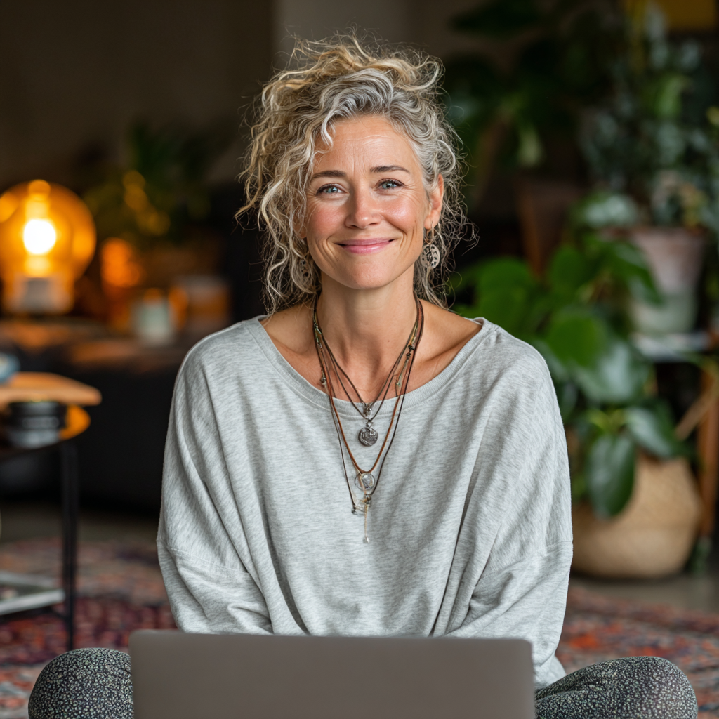 Professional female yoga instructor in her late 40s teaching an online yoga class from home studio, smiling at camera with laptop visible, natural home environment with plants, warm and inviting setting